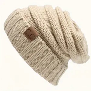 Beige knit beanie hat, warm cuffed pullover design, soft winter outdoor cold-proof fashion cap.