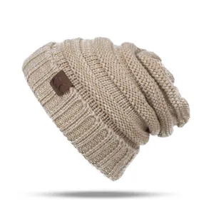 Beige chunky knit slouchy beanie winter warm cuffed hat for men and women outdoor cold weather