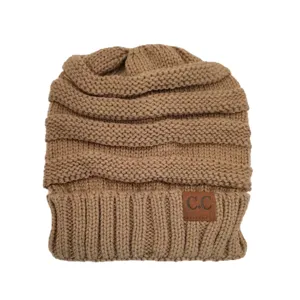 Cozy brown knit beanie for women and men, warm winter slouchy hat with chic logo patch.