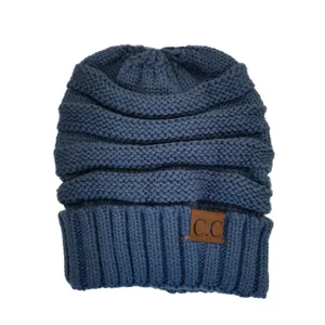 Blue grey knit beanie winter warm cuffed slouchy hat for outdoor cold weather daily wear