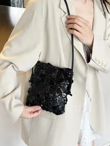 Borsa a tracolla mini in paillettes nere per donne, elegante borsa quadrata con tracolla.