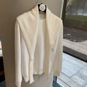 Women white knit sweater with matching scarf shawl set elegant layered autumn casual outwear