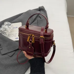 Vue détaillée du sac vanity à poignée supérieure en cuir bordeaux avec quincaillerie dorée.