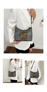 Sac à bandoulière en cuir véritable style chinois pour femme, sac oreiller gris doré.
