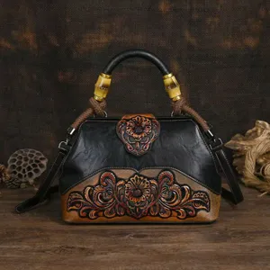 Sac à main en cuir gravé vintage rétro sac à bandoulière floral poignée supérieure.