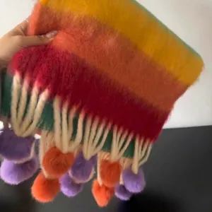 Colorful rainbow mohair scarf with dopamine color matching, tassels, and cute pom-pom details.