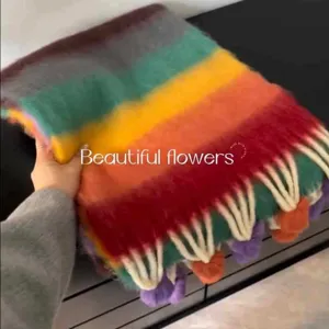 Rainbow striped pom-pom scarf dopamine cozy cashmere-feel tassel winter warm shawl for women