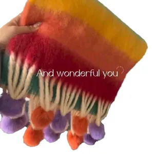 Rainbow cashmere-feel pom pom scarf dopamine fringe winter shawl for women and students coat