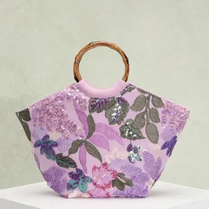Sac cabas rose brodé de sequins poignée bambou femme vacances d'été élégant sac
