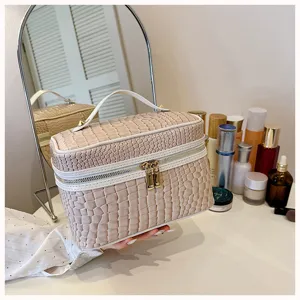 Kroko-Muster Kosmetiktasche mit grossem Fassungsvermögen Make-up Koffer mit Griff für Damen