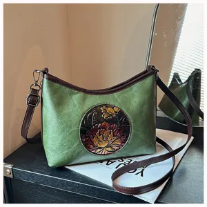 Sac à bandoulière vintage pour femme, cabas en cuir PU décontracté avec motif floral ethnique.