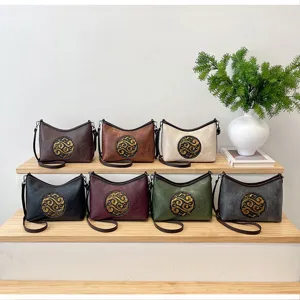 Sac à Épaule en Cuir PU Gaufré de Style Chinois Vintage Sac Bandoulière Multi-couches pour Femmes Sacs Oreillers Floraux Rétro