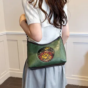 Sac à Bandoulière Rétro Bosselé pour Femmes Style Ethnique Chinois Sacoche en Cuir PU Motif Floral Ethnique Casual Navetteur