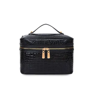 Schwarze Krokodilmuster Kosmetiktasche grobe Kapazitaet Make-up Organizer Reisekoffer