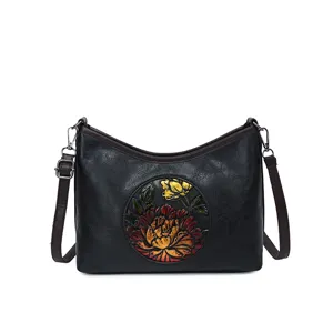 Sac à bandoulière en cuir avec fleurs gaufrées vintage pour femmes sac décontracté noir