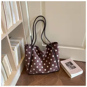 Sac cabas en toile à pois marron vintage, grand sac à main d'épaule élégant pour le travail.