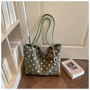 Sac cabas à pois vert olive, grand sac porté épaule en suédine PU pour le travail quotidien.