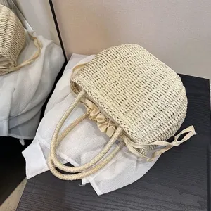 Geweven stro handtas voor dames, casual zomer strandtas met trekkoord sluiting, chic.