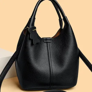 Black leather bucket bag women elegant shoulder handbag crossbody fashion top handle purse