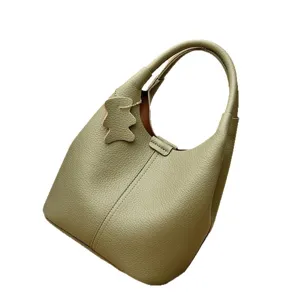 Green leather bucket bag hobo handbag for women stylish top handle casual shoulder bag daily use.