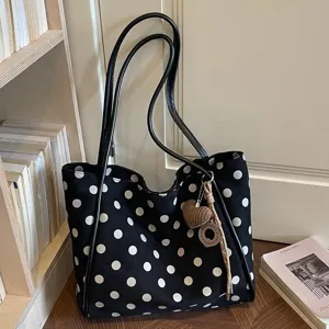 Grand sac cabas en toile à pois noirs et blancs, sac épaule décontracté pour femme.