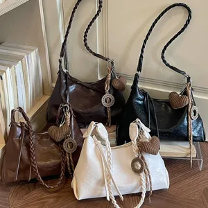 Sac à bandoulière tendance de grande capacité, sac croisé uni décontracté avec sangle tressée.