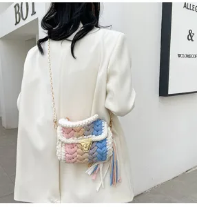 Sac bandoulière tissé DIY fait main avec des glands colorés, sac à chaîne mignon pour femmes.