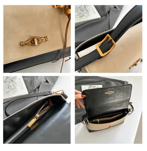 Vista dettagliata della borsa a tracolla retrò colorblock da donna con serratura in metallo.