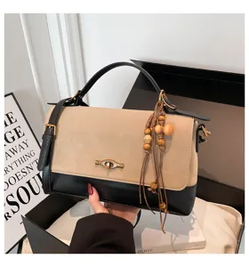 Borsa a tracolla elegante in camoscio patchwork con manico, borsa chic da donna per uso quotidiano.