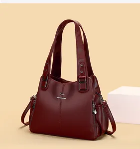 Bordeaux leren shopper tas, grote schoudertas met dubbele handvatten voor dagelijks gebruik.
