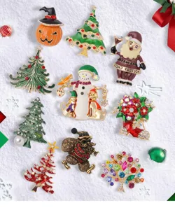 Christmas rhinestone brooch pin set, festive holiday accessories and cute gifts for women.