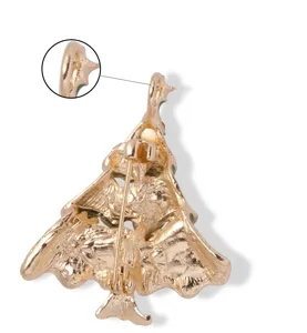 Christmas tree brooch detail view, gold-plated alloy pin with dual-use pendant loop.