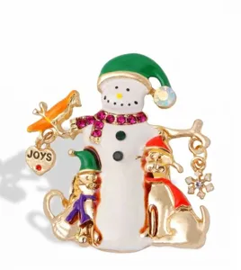 Detailed view of Christmas snowman brooch with colorful enamel and sparkling rhinestones.