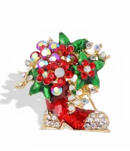 Christmas boot brooch with colorful rhinestones and red green enamel, festive holiday gift.
