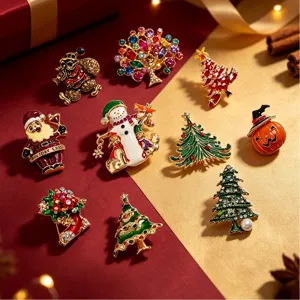 Elegant Zinc Alloy Rhinestone Christmas Tree Santa Claus Snowman Brooch Festive Enamel Artificial Pearl Holiday Badge Pin For Clothes Hat Gift Unisex