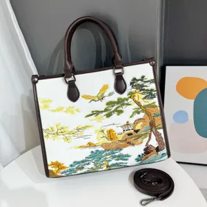 Borsa tote con ricamo paesaggio cinese, elegante borsa casual con tracolla rimovibile.