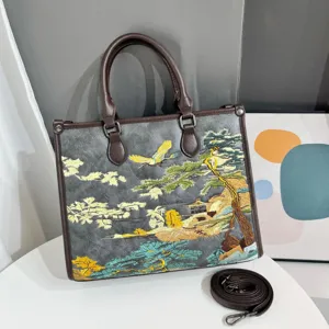 Borsa tote ricamata in stile cinese chic con manico e tracolla per le donne.