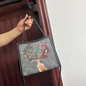 Women's Chinese style embroidered deer shoulder crossbody bag casual commuter PU leather handbag