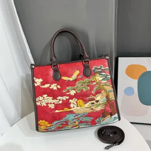 Borsa tote con ricamo stile paesaggio cinese, borsa casual da commensale grande capacità.