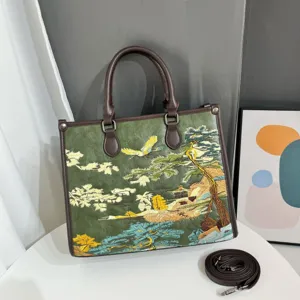 Borsa tote elegante ricamata in stile cinese vintage con manici superiori e tracolla.