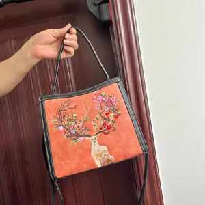Chinese style embroidered deer shoulder bag, vintage casual crossbody handbag for women.