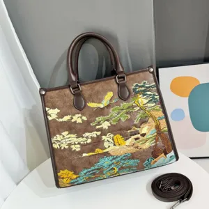 Borsa tote ricamo stile cinese in pelle marrone grande capacità borsa casual da donna