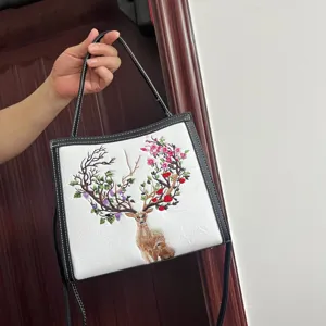 Embroidered Sika Deer Shoulder Bag Women PU Leather Crossbody Bag Casual Chic Handbag