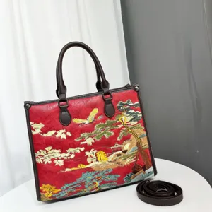 Borsa Tote di Grande Capacità Stile Cinese Ricamo Paesaggio Borsa a Mano in Pelle PU Borsa a Tracolla Casual