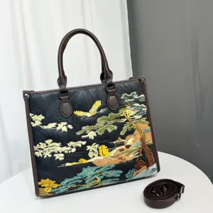 Borsa tote ricamata in stile cinese con paesaggio, elegante borsa a tracolla casual.