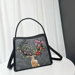 Chic embroidered sika deer crossbody shoulder bag for women, stylish casual niche design.