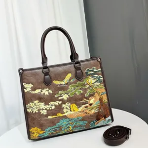 Borsa tote ricamata in stile cinese con design paesaggistico di pino, grande borsa casual.