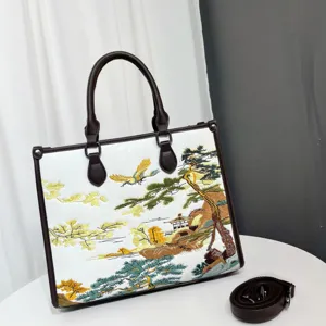 Borsa tote con ricamo di paesaggio in stile cinese, grande borsa casual con tracolla.