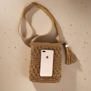 Woven straw crossbody bag for women, handmade crochet phone purse with shoulder strap tassel.