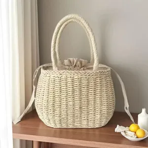 Gevlochten strooien handtas voor dames, chique strandtas met trekkoord sluiting voor de zomer.